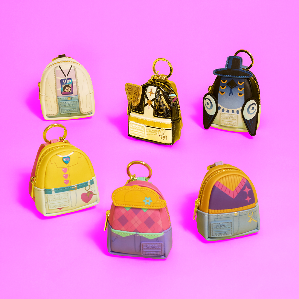 Pink background with Loungefly Netflix KPop Demon Hunters Saja Boys Mystery Keychains