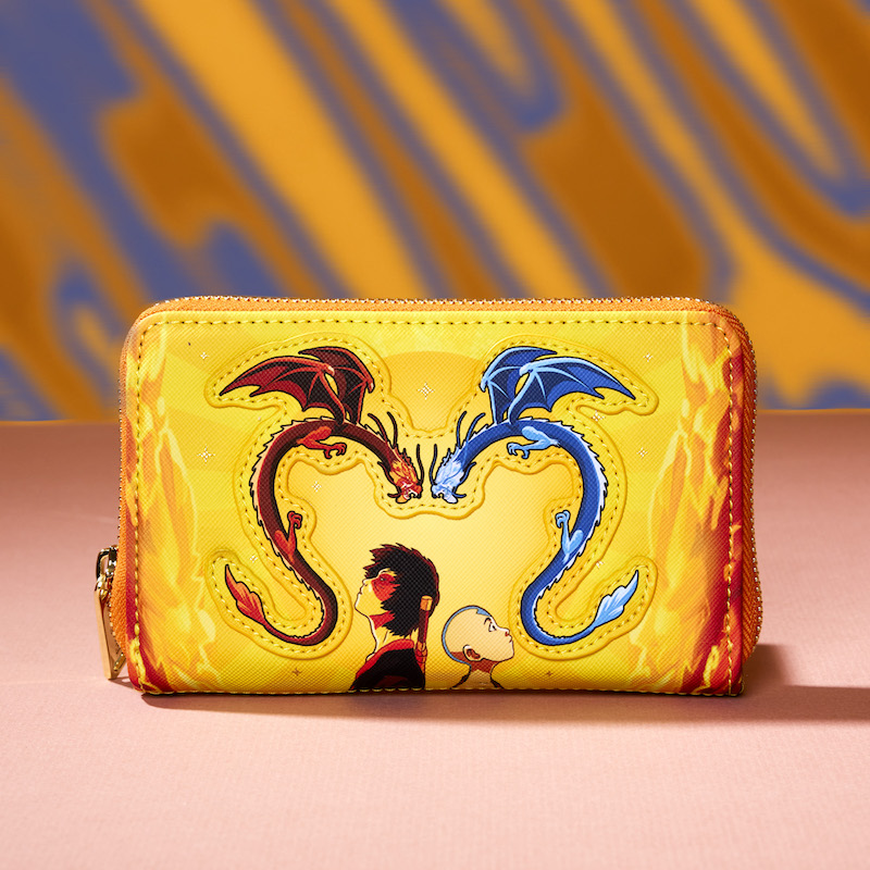 Orange and yellow zip around wallet featuring the Firebending Masters dancing above Aang and Zuko 