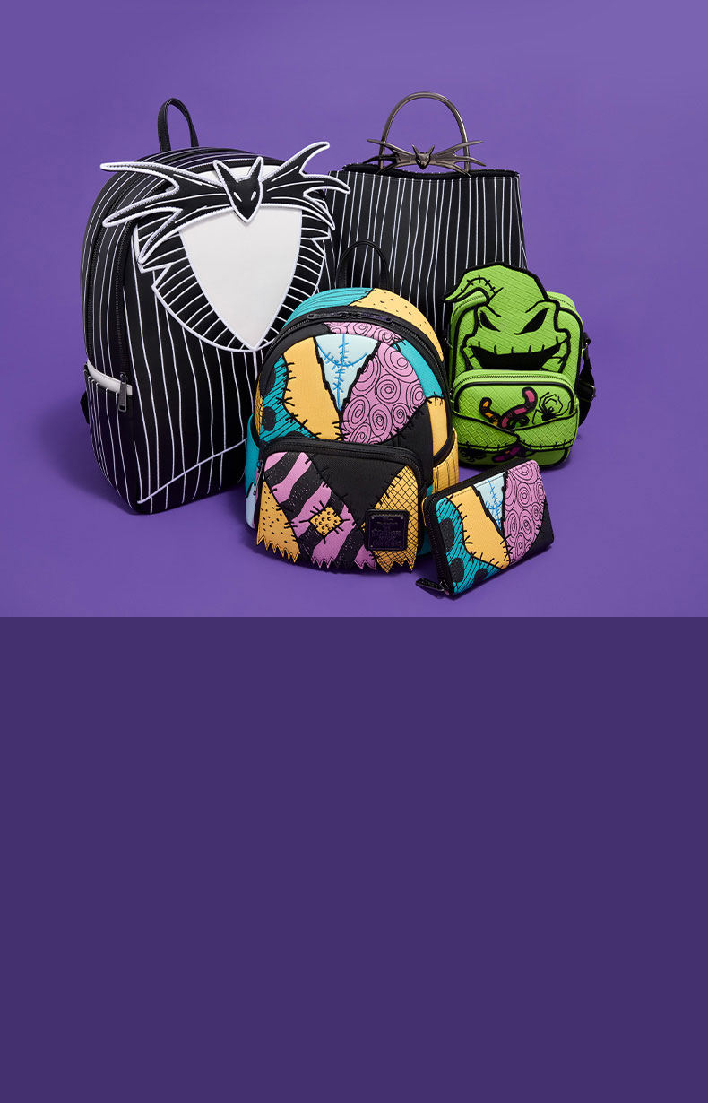 Purple product background featuring Loungefly August Disney Nightmare Before Christmas collection