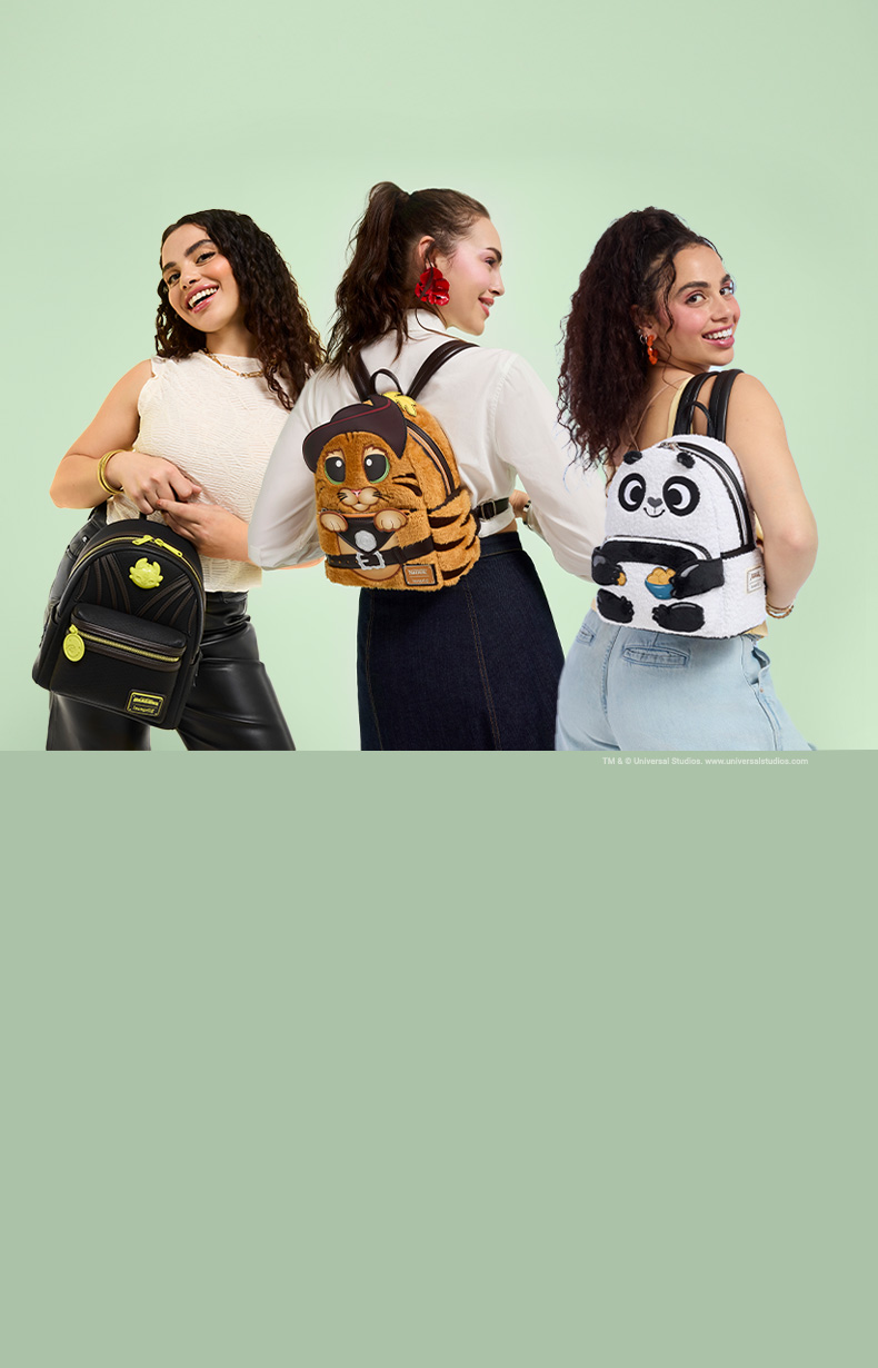 Green background with models showcasing Loungefly June DreamWorks collection featuring How to Train Your Dragon, Puss in Boots and Kung Fu Panda