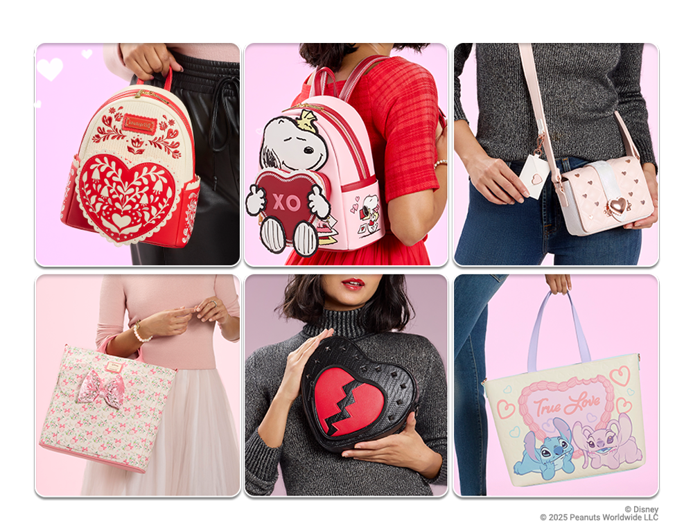 Collage of Loungefly Valentine's Day styles with styles inspired by Disney, Peanuts and original Loungefly ideas!