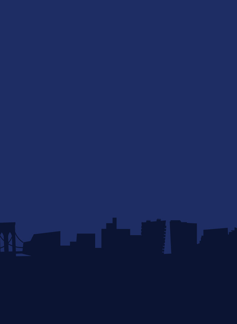 Dark blue background with silhouette of New York city