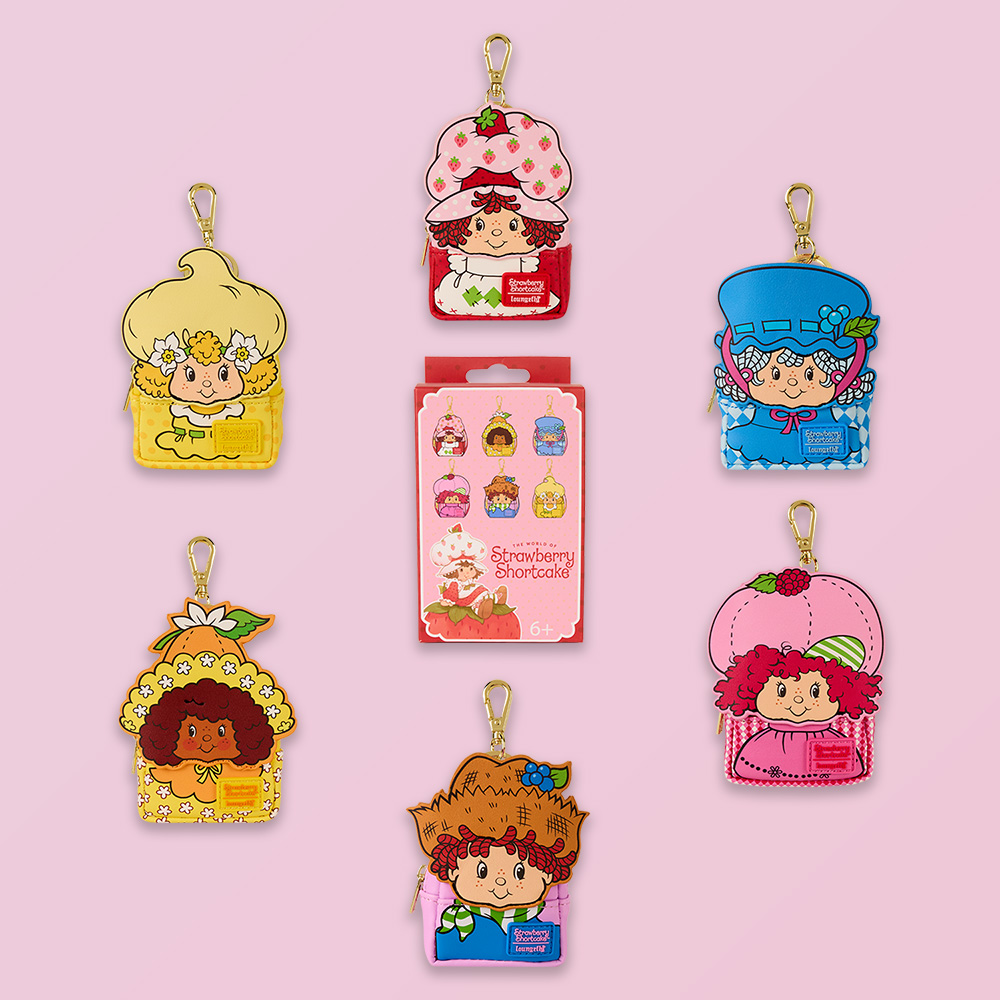 Pink background featuring Strawberry Shortcake & Friends Mystery Mini Backpack Keychain Charm