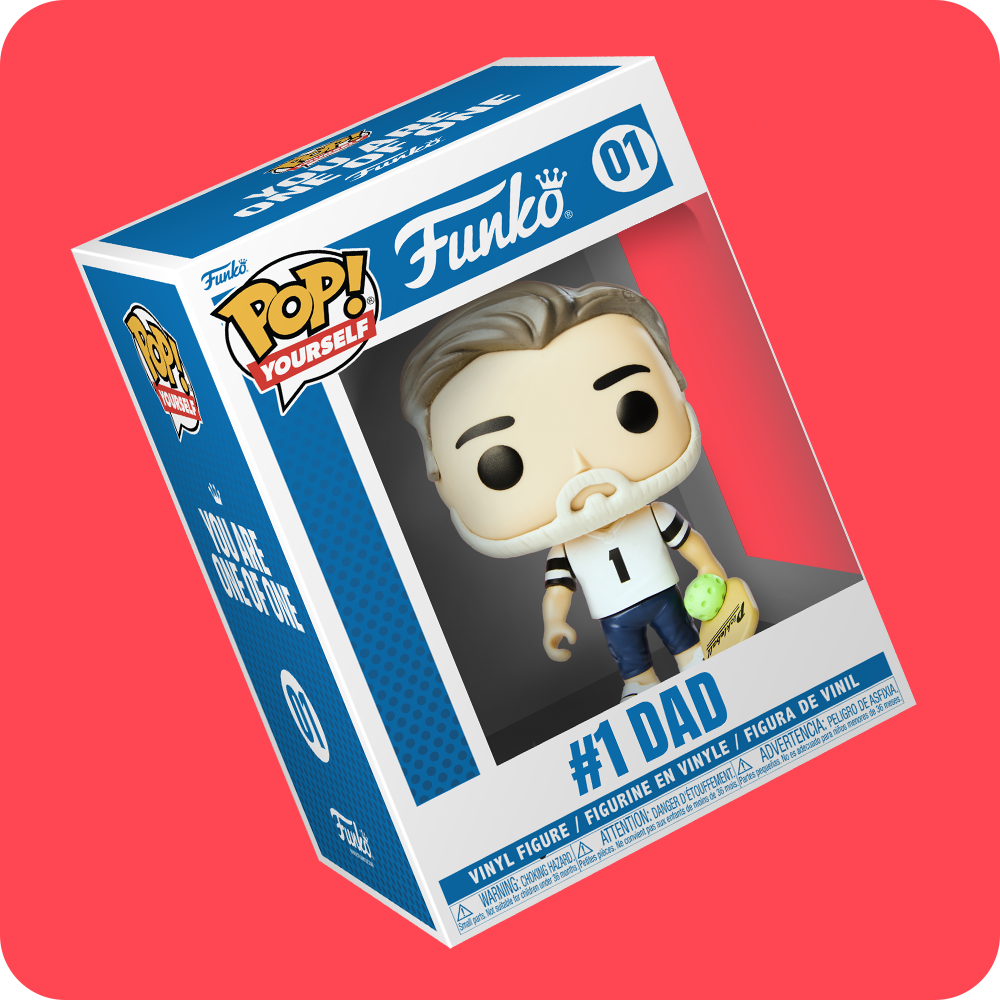 Red background with customizable Funko POP! Yourself vinyl figure of Dad in packaging