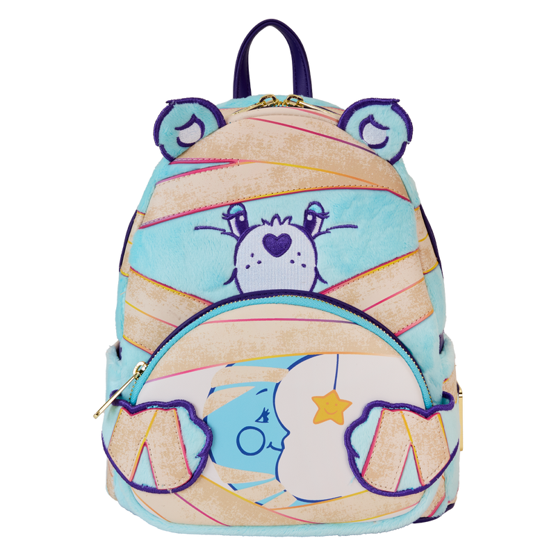 Plush Loungefly Bedtime Bear mini backpack featuring Bedtime Bear dressed as a mummy against a white background.