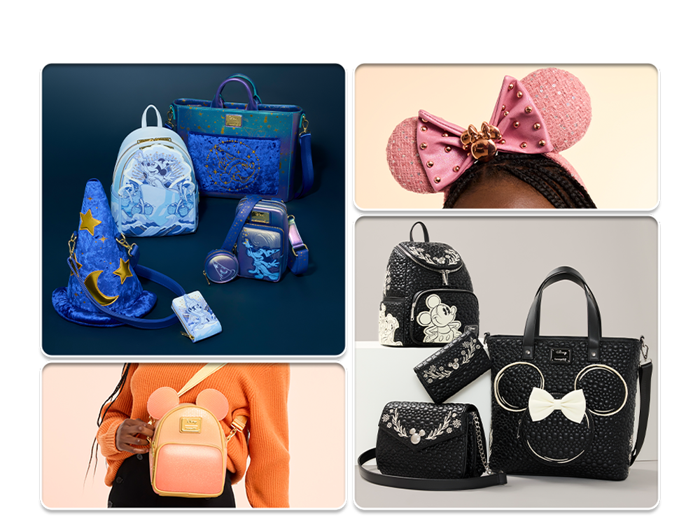 Collage of Loungefly Mickey & Friends products with styles inspired by Fantasia, Swarovski, and more!