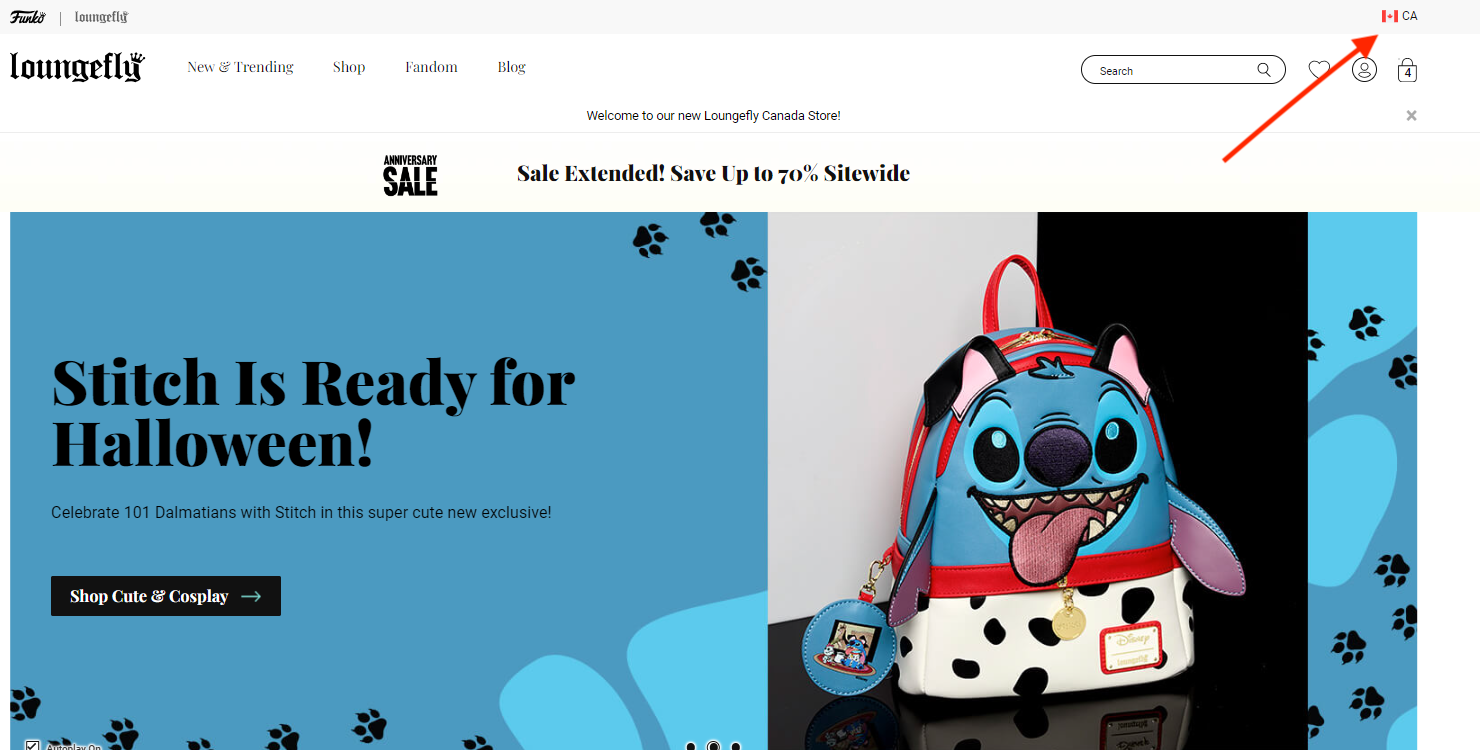 Screenshot of the Loungefly homepage with an arrow pointing to the upper right corner at a Canadian flag symbol, showing how to navigate between international Loungefly sites