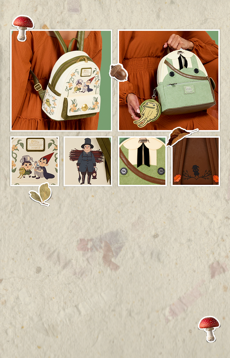 Light Beige background with rough texture and collage of Loungefly Cartoon Network Over the Garden Wall collection
