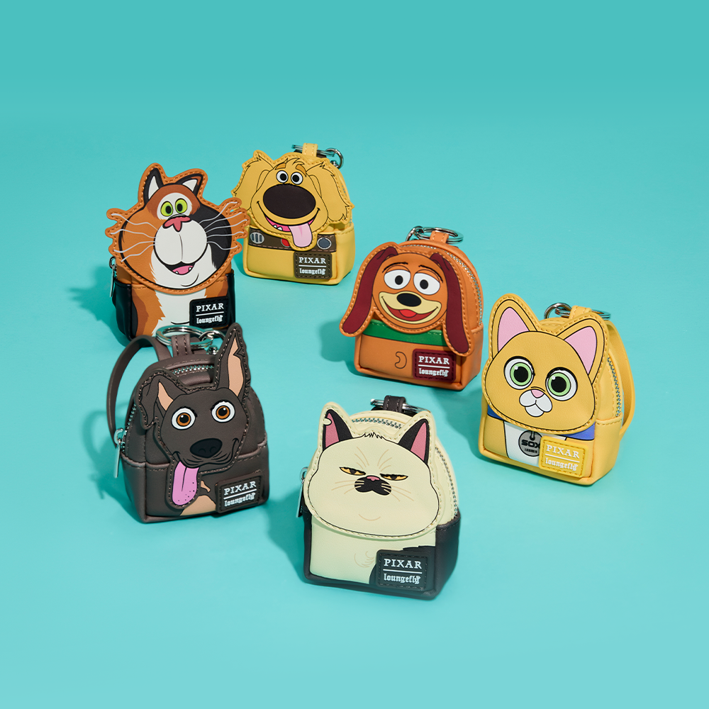 Teal product background featuring Loungefly Disney Pixar Pets mystery keychains