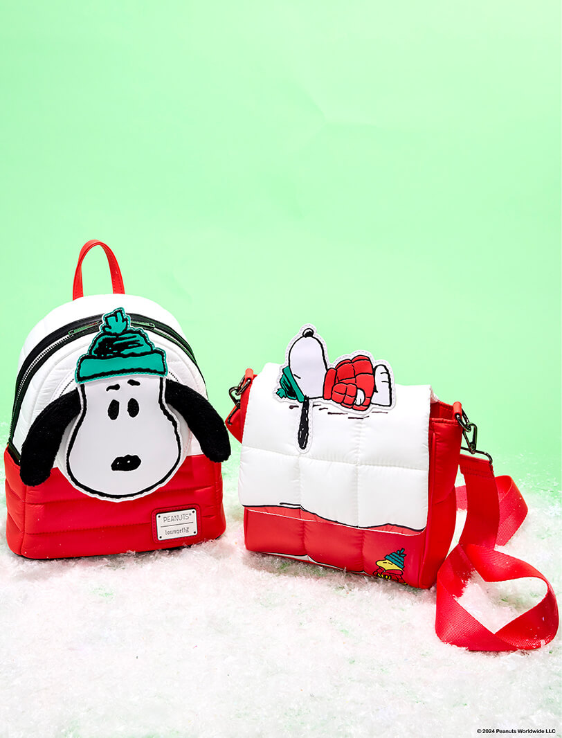 Green product background with snow surface featuring Holiday Snoopy collection