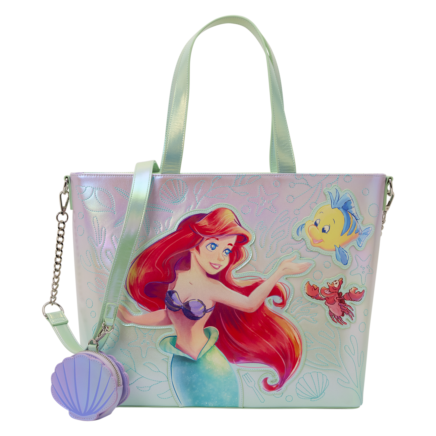 Loungefly Multicolor The Little Mermaid Ariel, Flounder, & Sebastian Tote Crossbody Bag With Coin Bag