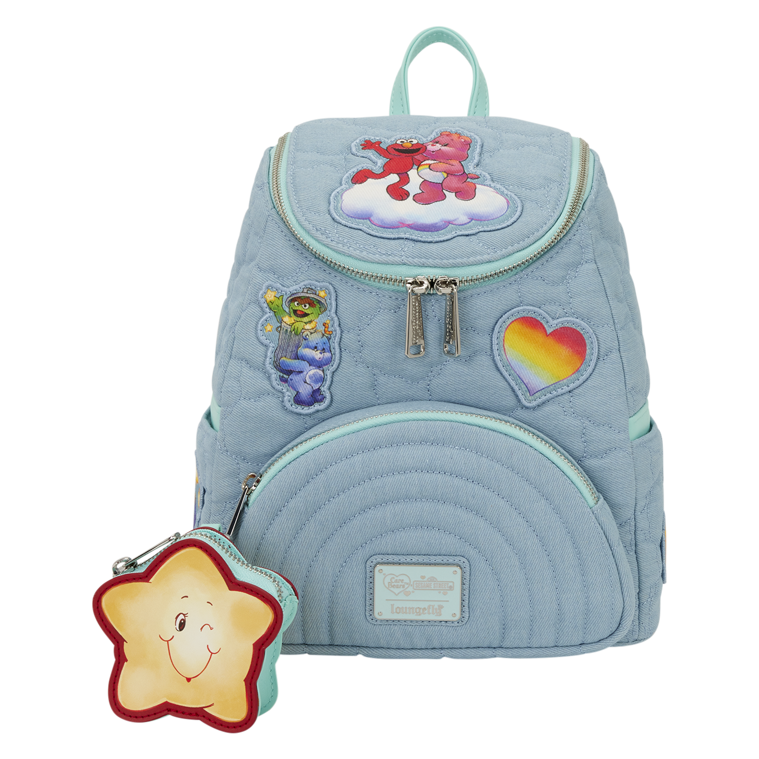 Loungefly Multicolor Care Bears X Sesame Street Denim Mini Backpack With Coin Bag
