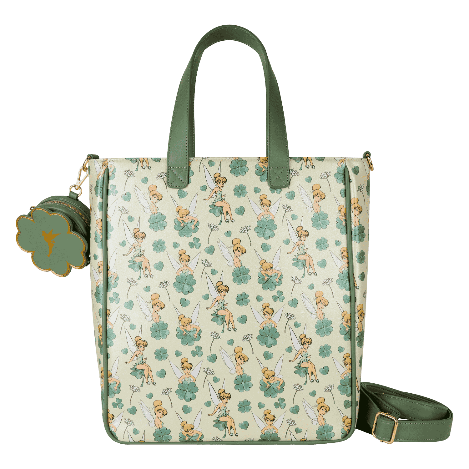 ☆Loungefly☆Peter Pan Tinker Bell Tote Crossbody Bag Peter Pan Tinker Bell Clover All-Over Print Tote Crossbody